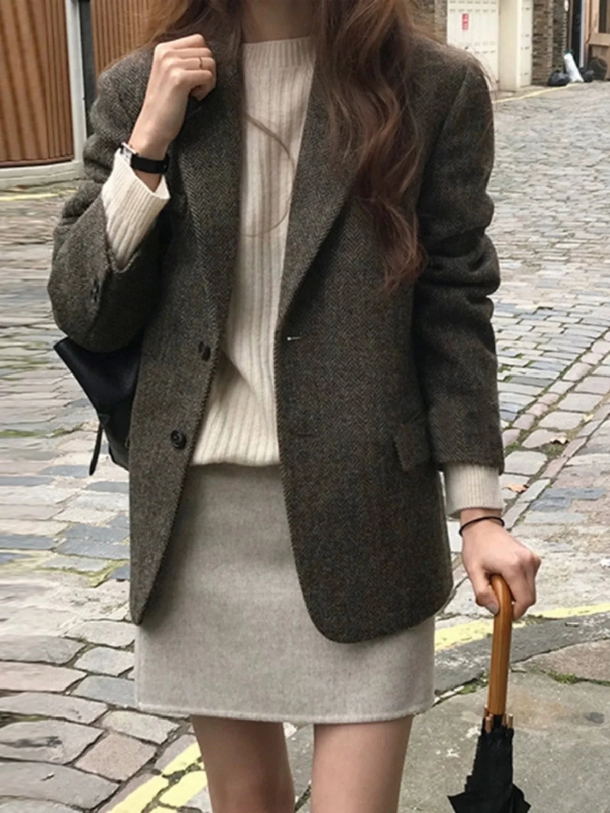 

Ladies' Winter Chic Loose Tweed Suit Jacket Retro Plaid British Style Top Trendy Commute Style Long Sleeve Single Button
