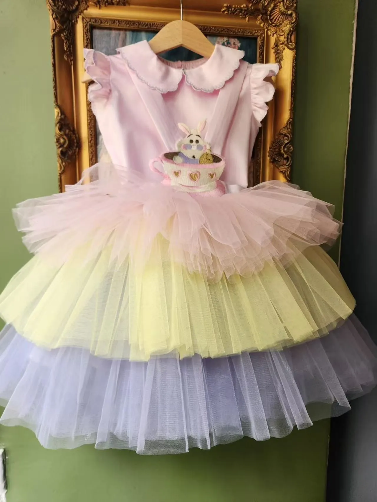 

0-12Y Baby Girl Summer Cup Rabbit Embroidery Pink Yellow Mesh Dress for Birthday Party Holiday Photography Eid Usual B293
