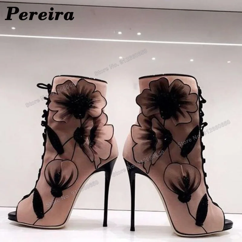 Peraira Cross Tied Flower Decor Boots Women Lace up Peep Toe Stilettos High Heels Dress Boots Custom Made Runway Shoes on Heels