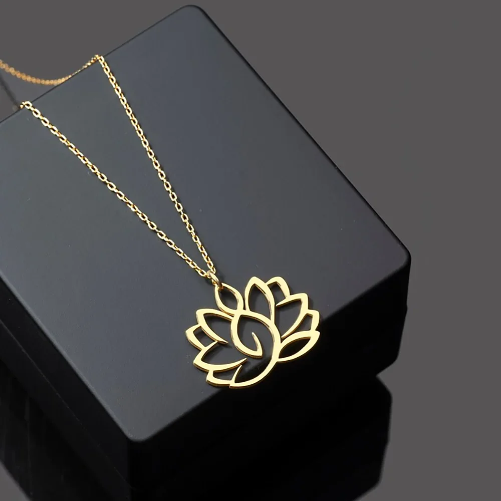 

Lotus Necklace for Women Hollow Stainless Steel Flower Pendant Necklaces Buddhist Jewelry Religious Accessories Free Shipping