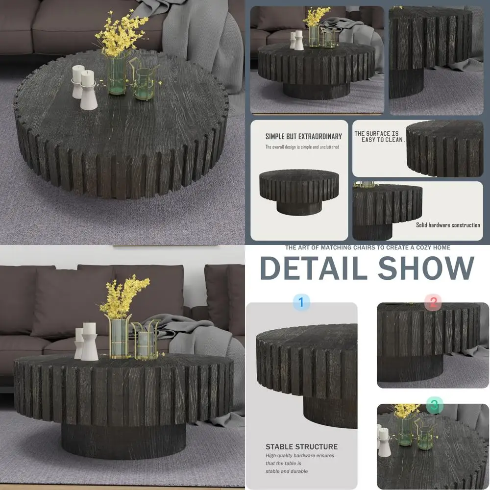 طاولة قهوة حديثة مخددة ريفية - طاولة مركزية بقاعدة خشبية مستديرة لغرفة المعيشة، مثالية للشقق والمعاصرة