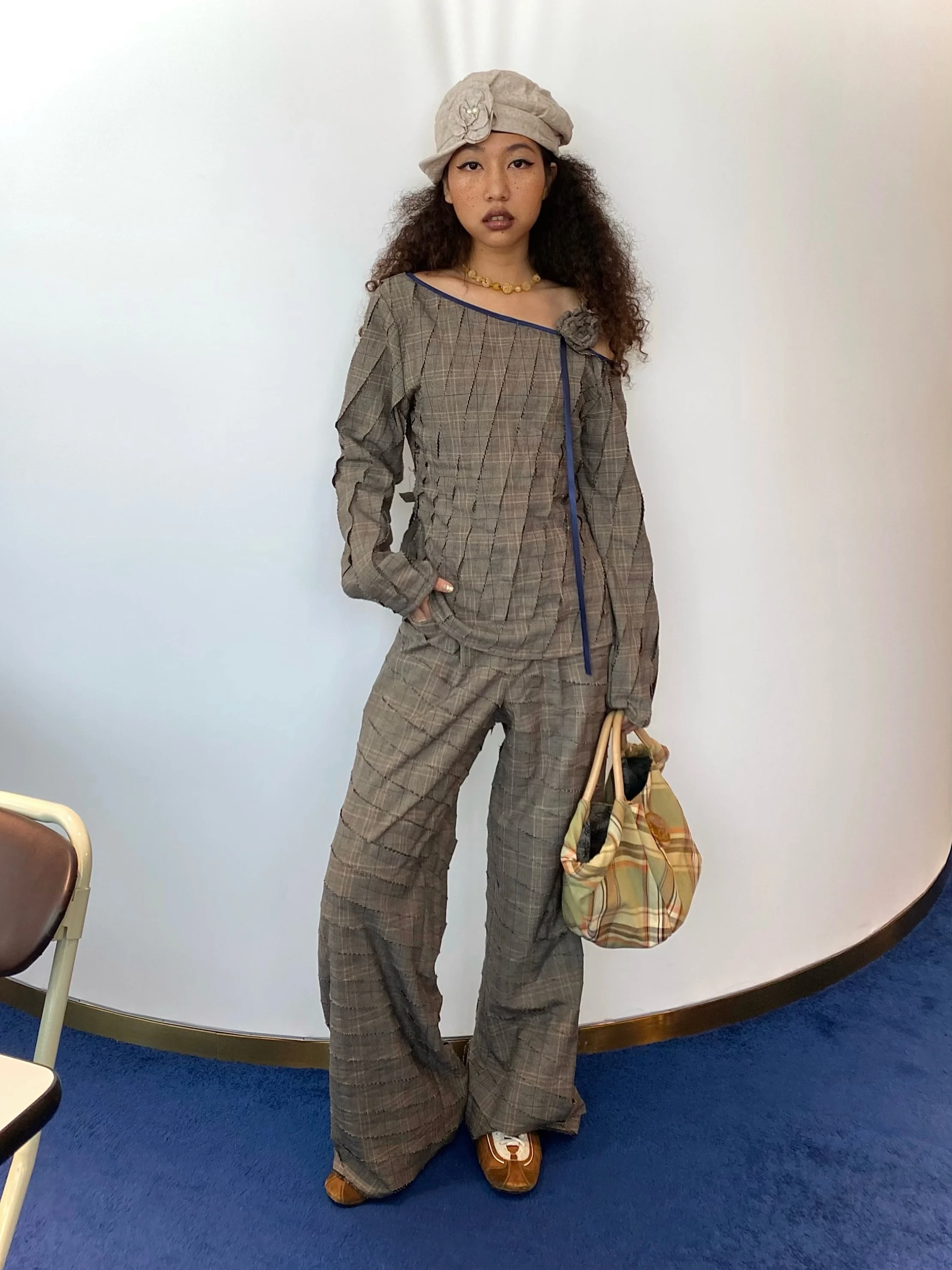 

Sikuo Original Design High Waist Straight Leg Wide Leg Pants Casual Loose Long Trousers Women Autumn Plaid Patchwork