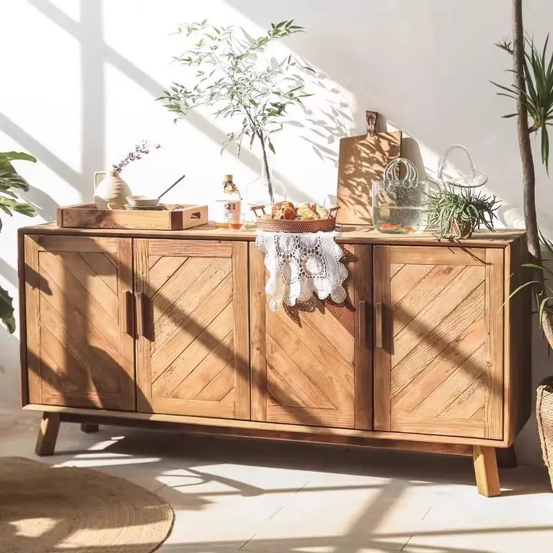 

Retro solid wood dining side cabinet Log homestay living room against the wall Entrance cabinet side cabinet