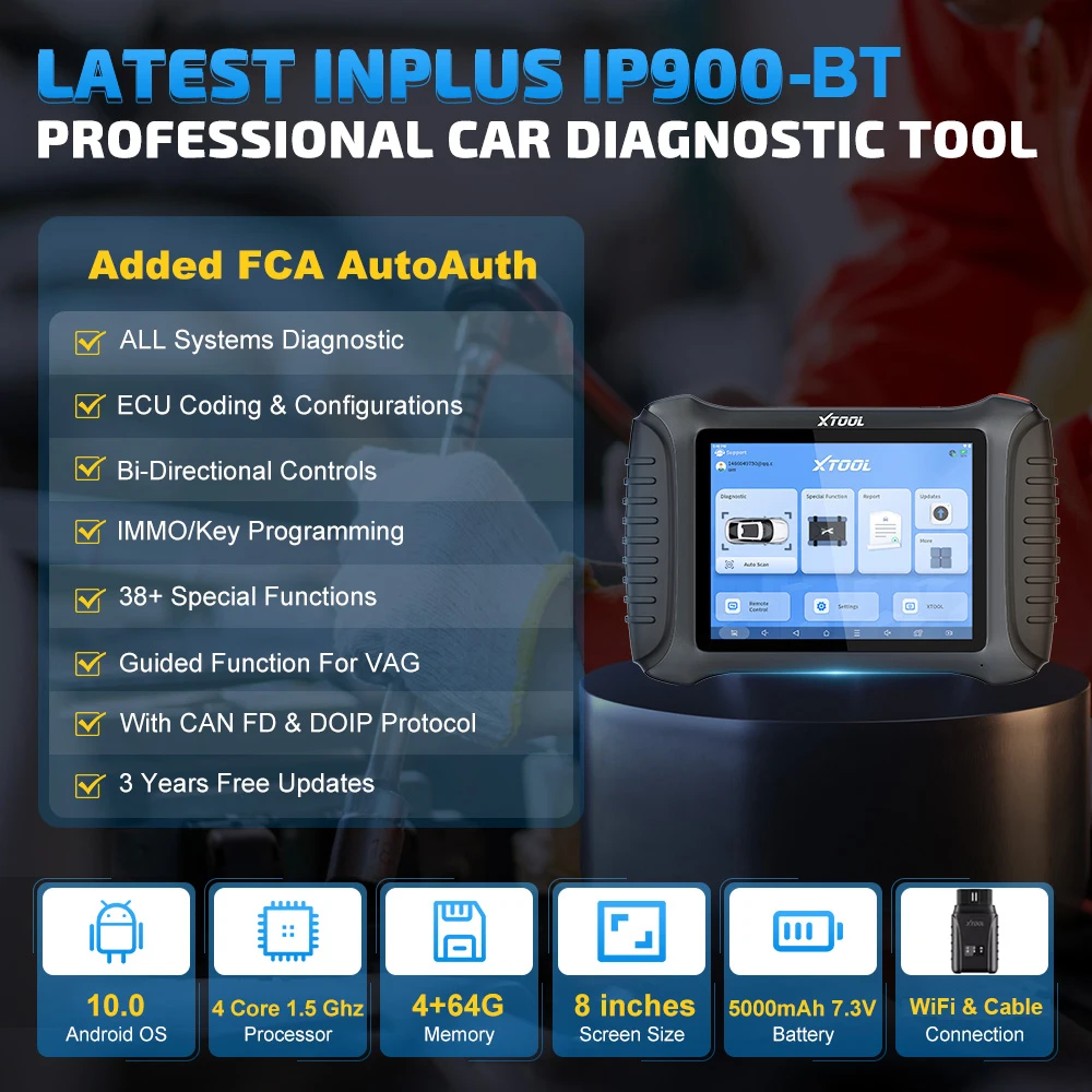 XTOOL InPlus IP900 BT Car Diagnostic Tool ECU Coding Bi-directional All System OBD2 Scanner Built-in CAN FD DOIP FCA 38+ Service