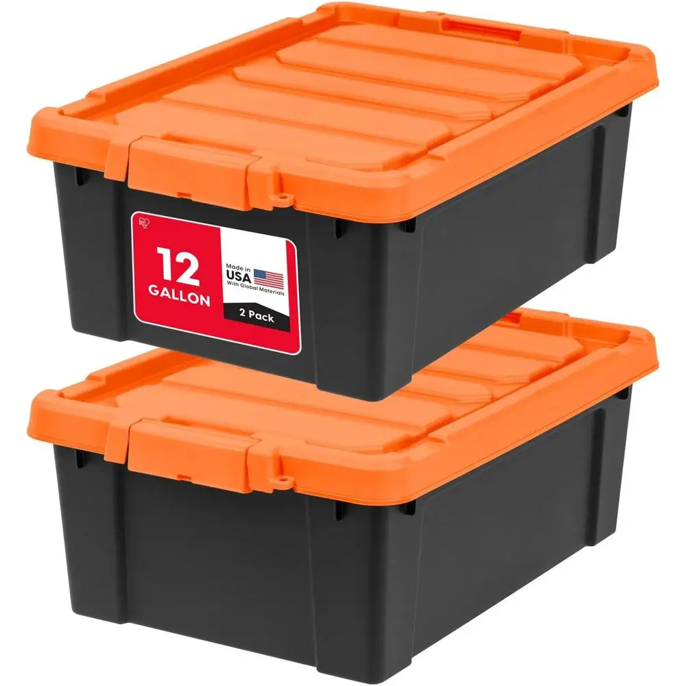 12 Gallon Lockable Storage Bins with Lids, 2 Pack - Made in USA, Heavy Duty, Stackable Containers, Garage Organizing Bins Moving