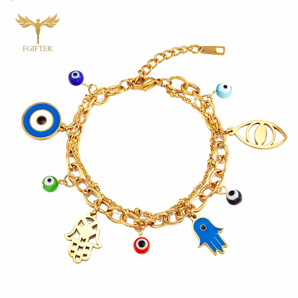 Lucky Turkish Evil Eye Bracelets for Women Hamsa Hand Charms Eye Glass Balls 2 Lays Stainless Steel Chain Lobster Clasp Jewelry