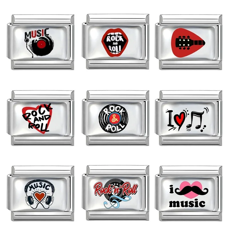 2026 Women's Men's Fashions Red Black Rock Roll Music Italian Charm Links Fit 9mm Stainless Steel Bracelet Making Jewelry Gift