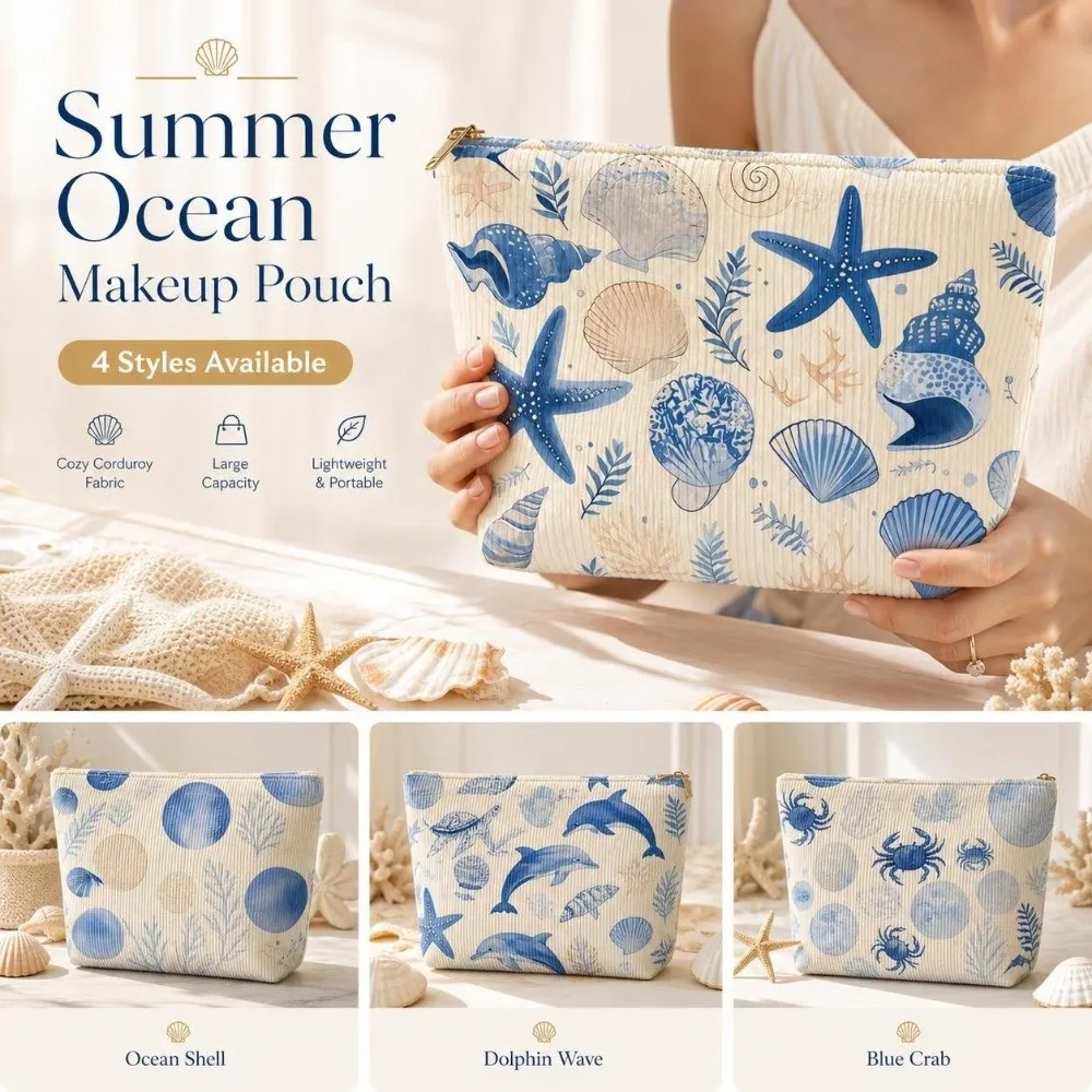 Starfish Shell Print Storage Makeup Pouch Large Capacity Ocean Animal Corduroy Makeup Bag Crab Zipper Stationery Pencil Case