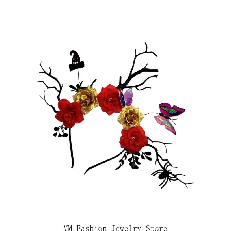 

D0UB Повязки на голову с рогами на Хэллоуин, бабочкой летучей мыши и черным цветочным декором