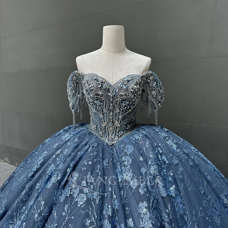 الأزرق الداكن لامعة فساتين Quinceanera الكرة ثوب قبالة الكتف الترتر زين الدانتيل الديكور تول حفلة عيد ميلاد الحلو 16 فستان
