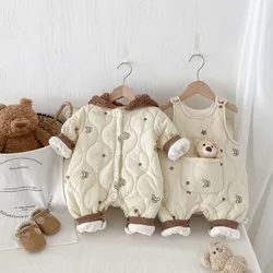 2024 Winter New in Kids Baby Boys Girls Cute Thicken Velvet Clothing , Toddler Infant Cartoon Bear Jumpsuits - Newborn Romper