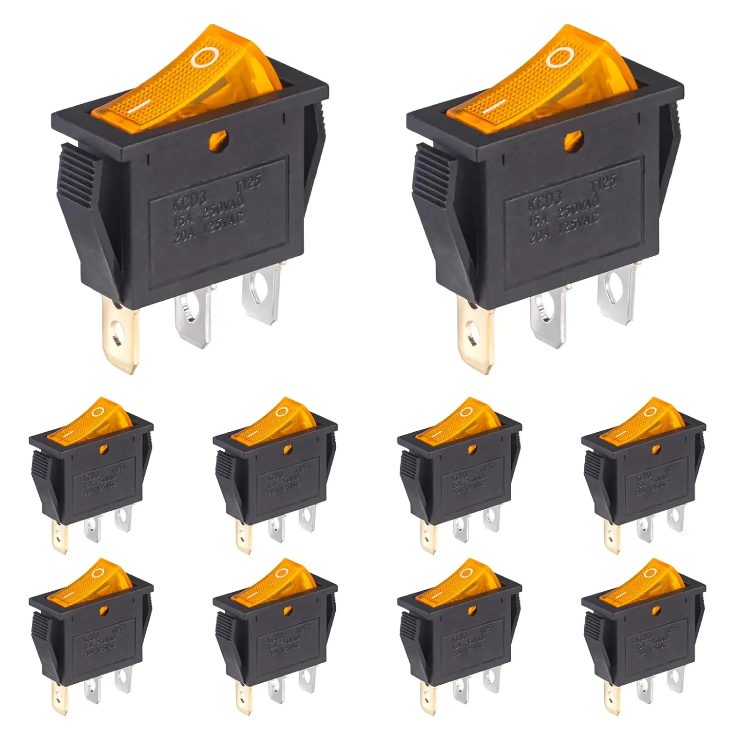 10pcs Lighted KCD3 Rocker Switch On Off 3 Pin 2 Position Yellow Light Boat Rocker Switches 20A 15A 125V 250V AC SPST Square