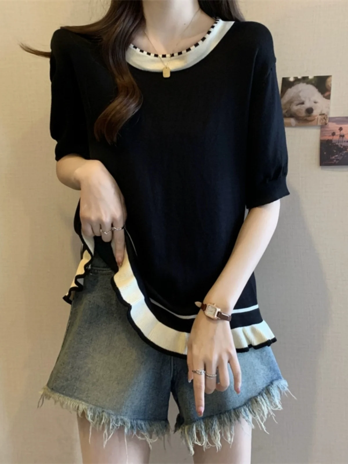 

Elegant Ice Silk Short Sleeve T-Shirt Women's Summer Fashion plus Size Slimming Base Layer Top Belly Concealing Stylish Shirt