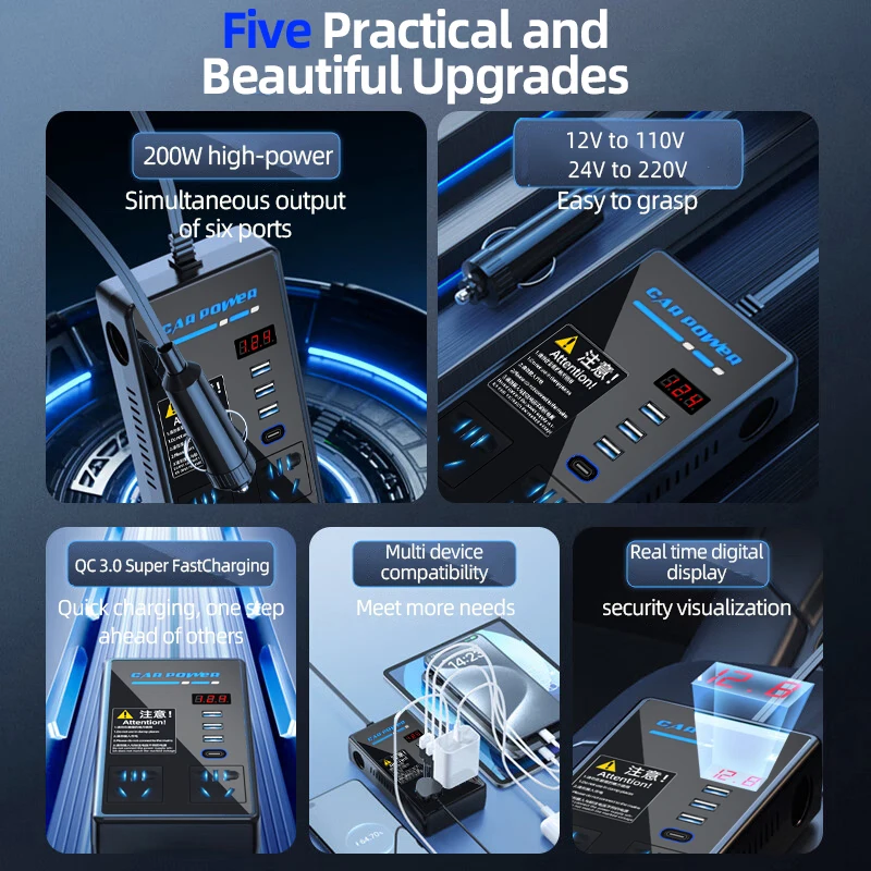 

200W 8-Port Car Power Inverter - DC 12V/24V to AC 110V/220V G5-2 PD Type-C USB 3.0 & Overload/Overheat Protection