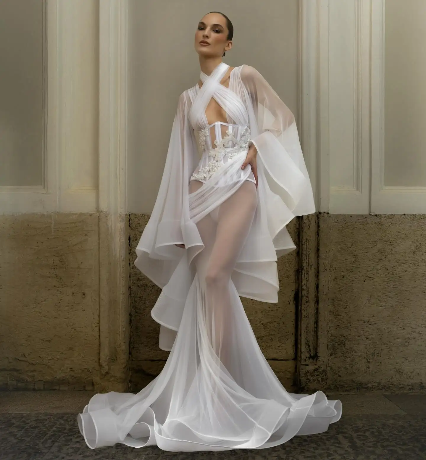 2026 Couture-Illusionskleid, weißes, bauschiges Organza-Kleid auf dem roten Teppich, Runway-Show-Kleid, Stretch-Tüll, Abendparty-Kleider, Robes de Soirée