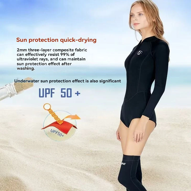 Summer 2MM Neoprene Bikini Women Wetsuit, Diving Stocking Long Sleeve One-body Diving Suit Sun-proof Surfing Snorkeling Swimwear