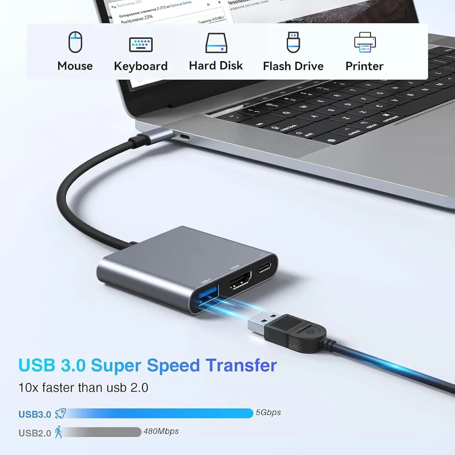 3-In-1 Type-C Usb Hub Male To Female Hdmi-Compatible 4k Usb 3.1 Type-C To Usb 3.0 Charging Adapter For Macbook Air 12 Converter view 3