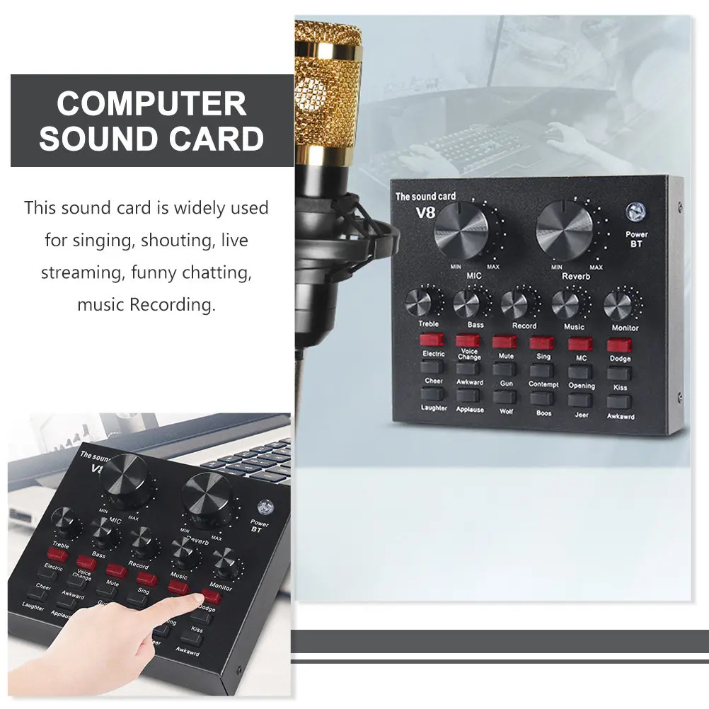 

1Set Upgraded Live Sound Card for Streaming Karaoke Voice Chat Music Recording with Noise Reduction Reverb Bass Control Sound