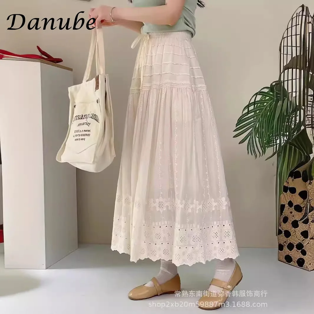 Women's Vintage Embroidery White Pleated Skirt, Elegant, High Waist, Loose, A-line, Cotton, Linen, Long, Girl, Summer, New