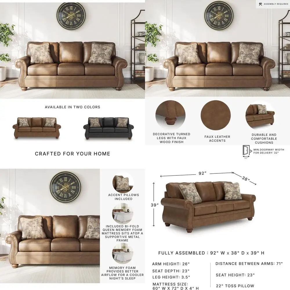 

Brown Leather Queen Sleeper Sofa with Memory Foam Mattress, Nailhead Trim and 2 Pillows