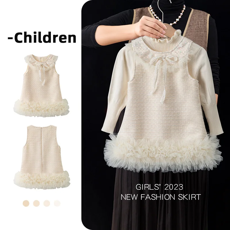 Baby Girls Little Fragrant Hairy Vest Dress Autumn Thicken Bow Belle Girl Princess Dress Tutlle Hem Sleeveless Kid Girl Vestidos