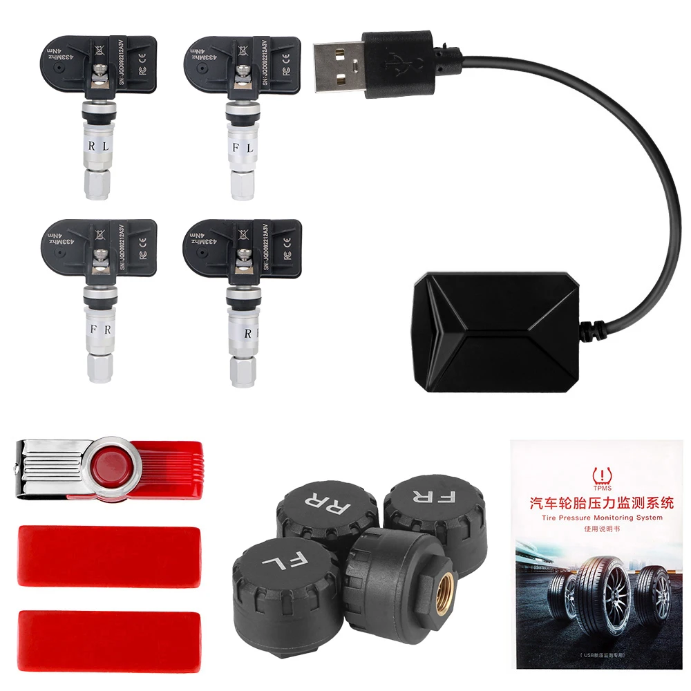 USB Android Car TPMS Android Navigation Alarm System Tire Pressure Monitoring System Wireless Transmission TPMS With 4 Sensors