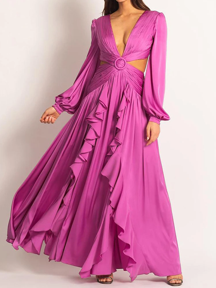 Drauuing Cut Out Maxi Dresses Women Loose Hem Long Sleeve Party Dresses Female Side Hollow Out V Neck Sexy Long Dresses Solid
