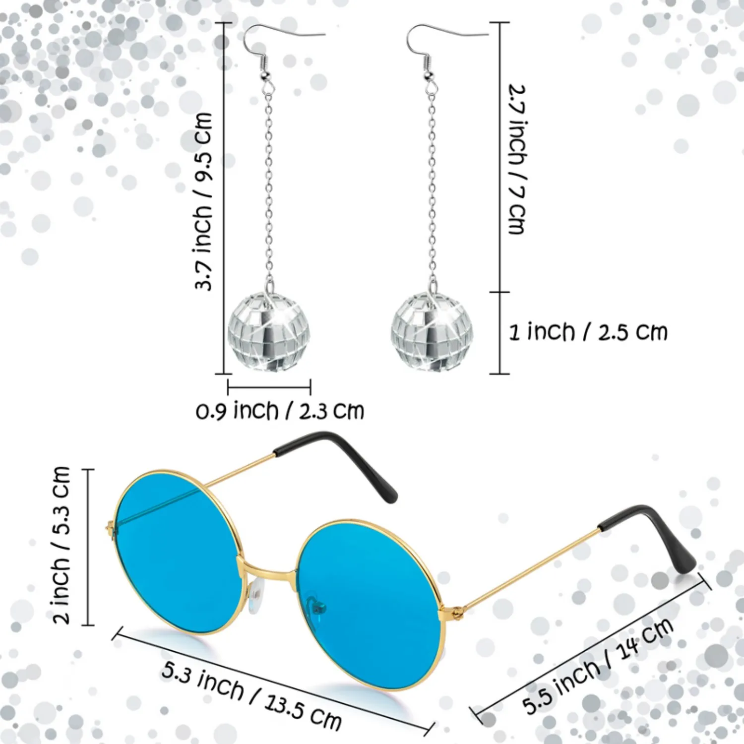 9pcs Hippie Disco Party Costume Accessories Set with Silver Sparkle Drop Earrings Retro Round Sunglasses for 70s Vintage Decor view 3
