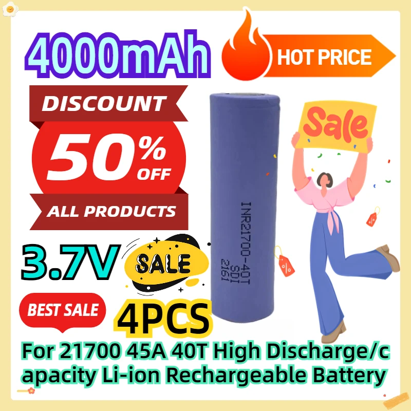 

For 21700 4000mah 45A 40T 3.7V High Discharge/capacity Li-ion Rechargeable Battery 4pcs