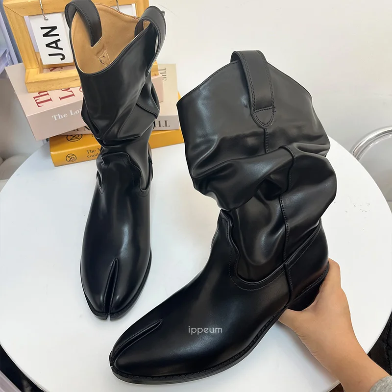 IPPEUM Western Boots Women Split Toe Shoes Coowboy Boots Black Pu Leather Autumn Winter Block Heel Mid Calf Cowgirl Botas