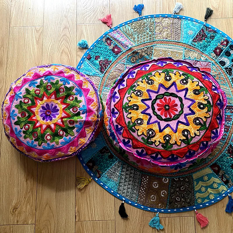 Exotic Indian Embroidered Patchwork Futon Cushion Cover Floor Mat Yoga Meditation Cushion Cover Hand-made 60cm Round Pier Cover