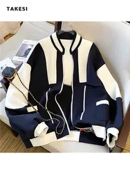 American Casual Patchwork Coats Women All-match Fashion Loose Harajuku Color Block Outwear Zipper Bomber Jacket Streetwear Fall