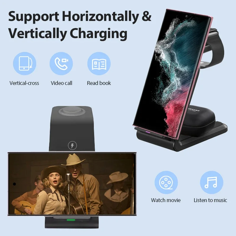 VIKEFON  3 in 1 Wireless Charger Stand for iPhone 16 15 14 13 12 Samsung Galaxy Apple Watch Airpods Pro Fast Charging Station