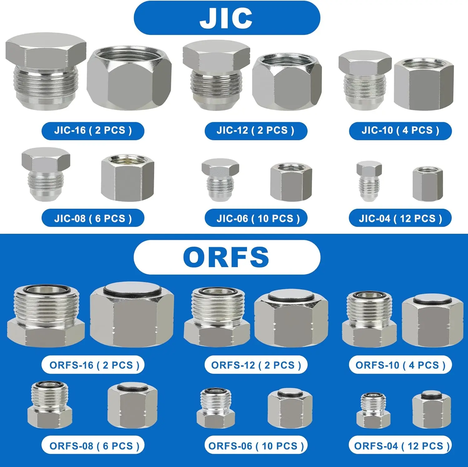 Flat Face Cap e Plug Variedade Kit, JIC 37 Graus, ORFS, Fit para Mangueira Tubulação, Tamanho 4, 6, 8, 10, 12, 16, 144Pcs, 36Pcs