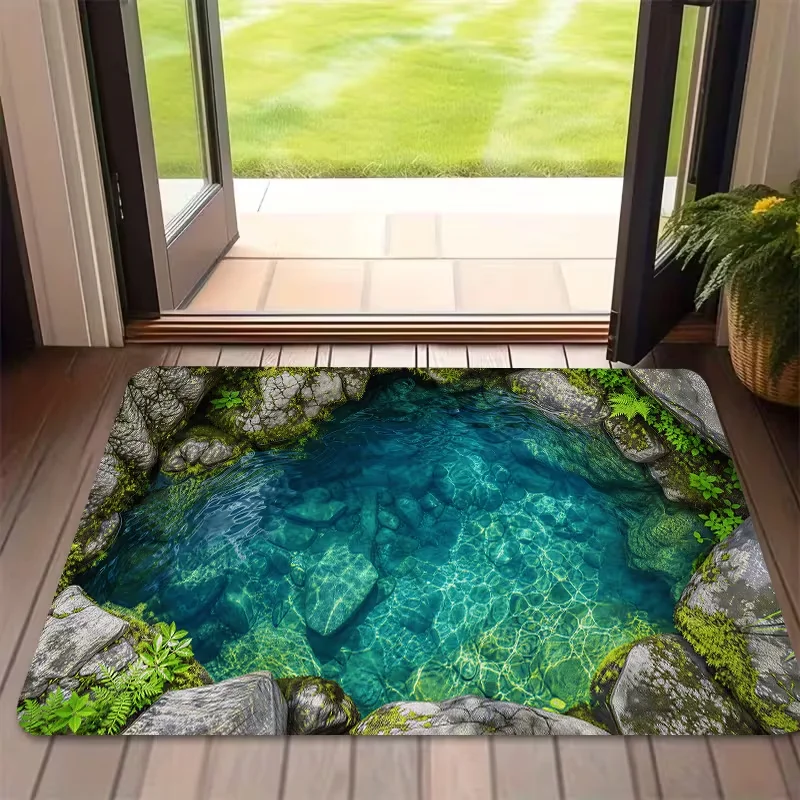 Rectangle 2D Koi Fish Moss Pond Illusion Doormat Non Slip Entry Mat Indoor Household Living Room Bedroom Decor Floor Rug