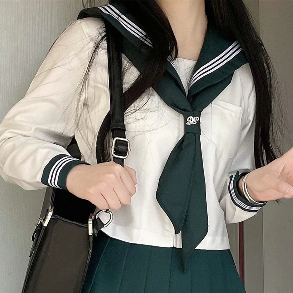 Grüner Rock, 80 cm, japanische Schulmädchen-Uniform, JK Sailor Cosplay-Kostüm, drei Linien, Marineblaues Matrosen-Outfit-Set für Frauen und Mädchen