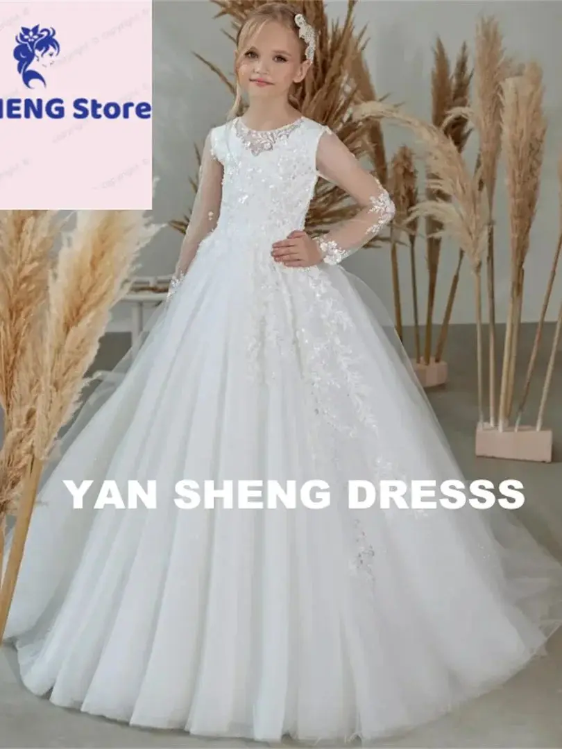 Customized White Tulle Flower Girl Dress with Embroidery Appliques Long Sleeve for Wedding Birthday Party Banquet