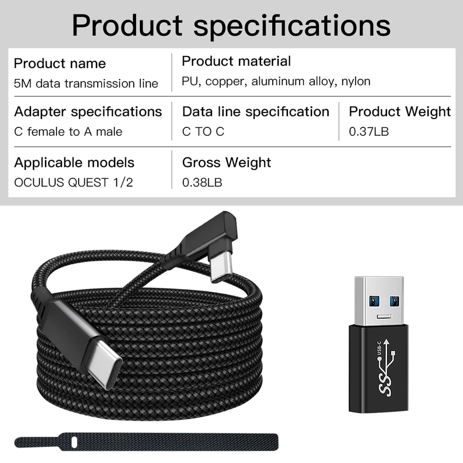 Data Line Charging Cable for Oculus Quest 2 Link USB 3.1 Type C Data Transfer USB-A to Type-C Cable 20V 3A Charger,B