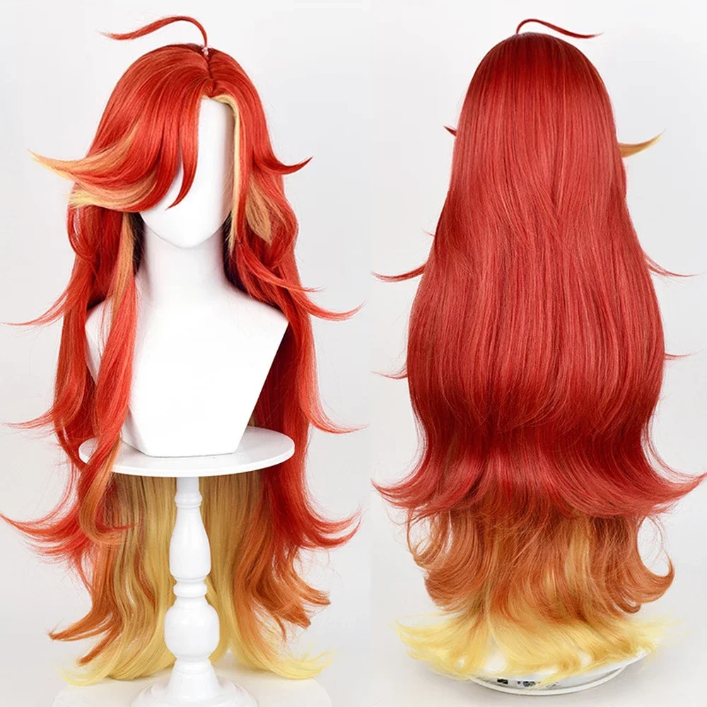 Genshin Impact Mavuika Wig Red Ombre Orange Synthetic Women Long Wavy Game Cosplay Wig for Daily Party