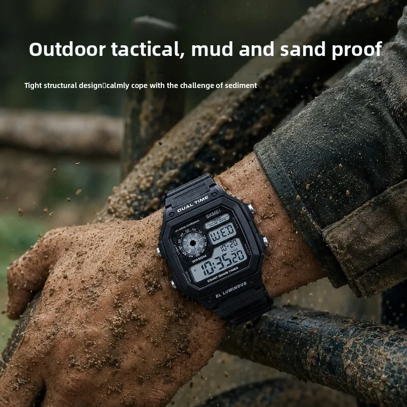 Men Tactical Square Digital Watch, 50M Waterproof Outdoor Sports Wristwatch, Dual Time Alarm Countdown Chronograph Luminous