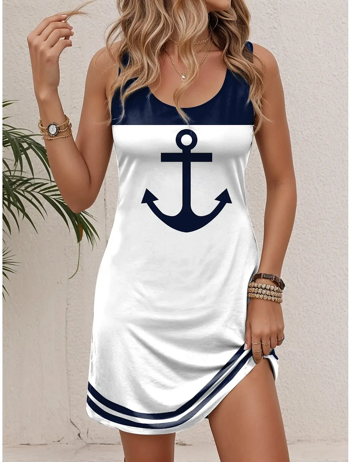 Women's Sleeveless Crew Neck Tank A-Line Mini Dress,Print, White Red Blue, Loose Casual Summer Beach Vacation Daily Dress