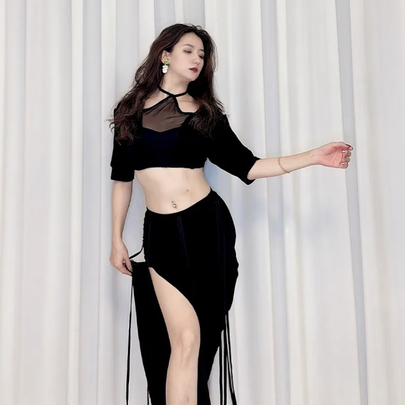 Vestido de prática de dança do ventre swegal personalizado, malha modal, saia triangular longa, estilo de fusão inspirador, iniciante, grande, 2 peças