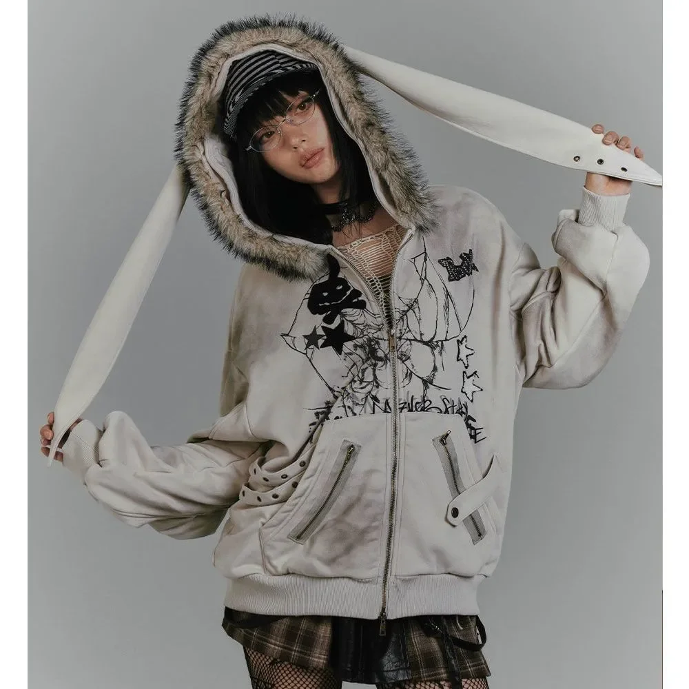 

American Vintage Gothic Grunge Bunny Ears Hoodie Y2k Zip Up Sweatshirt Streetwear Anime Cute Punk Jacket Print Slim Coat New