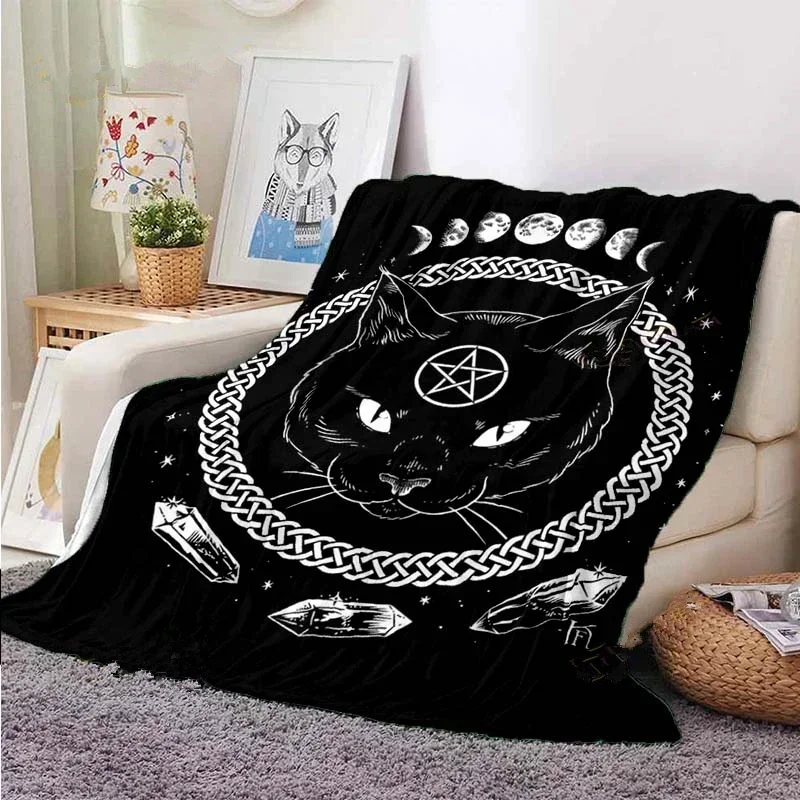 3d Print Blanket Satanic Cat Moon Black Covered Bedding Flannel Throw Blanket for Teens Adult Sofa Bedroom Decor Halloween Gift