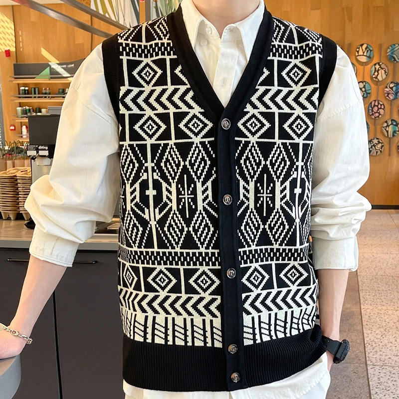 Men's Fashion Knitted Vest V-neck Button Down Sleeveless Jacket Mens Y2K Clothes Spring Autumn Trendy Casual Vests
