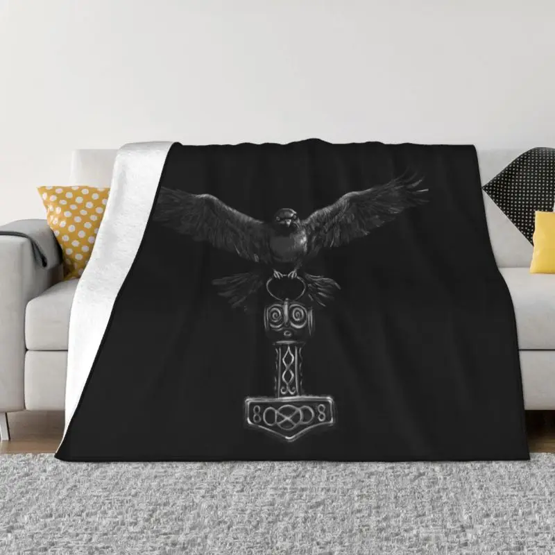 

Vikings Odin Raven With Thor Mjolnir Hammer Blanket Soft Fleece Flannel Norse Odin God Throw Blankets Travel Bedroom Bedspread