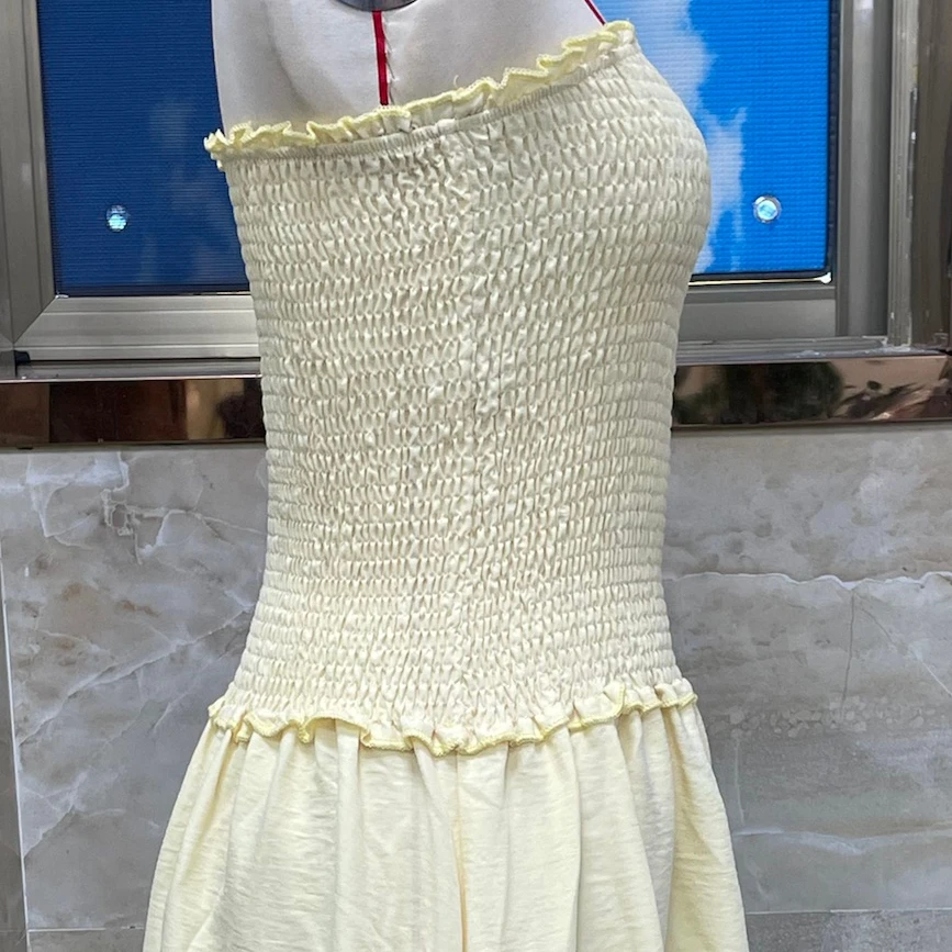 Women's Strapless Dress Stylish Solid Color Patchwork Ruffled Trim Smocked A Line Tube Long Dress for Spring