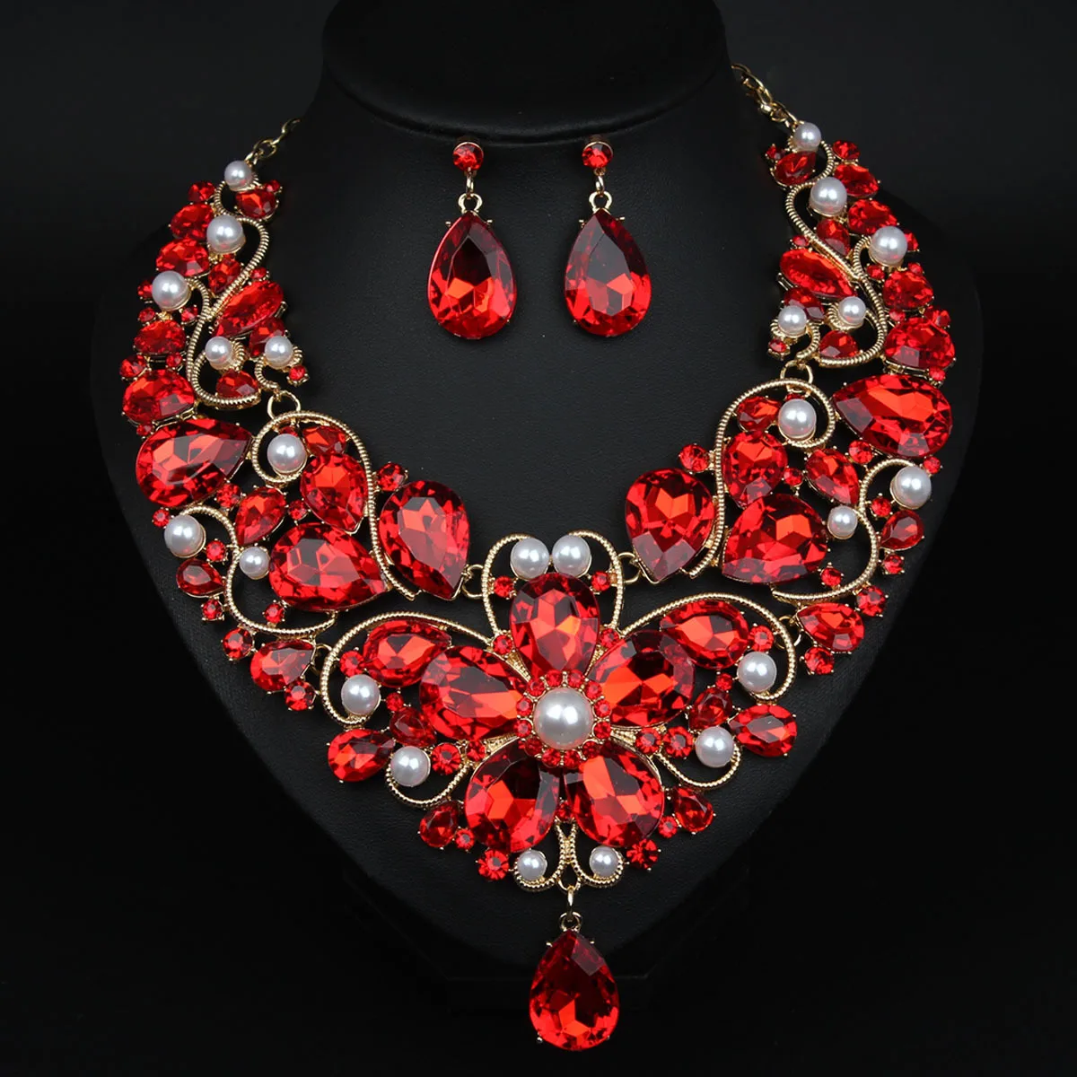 Cross border European and American exaggerated crystal flower water droplet necklace earring set women's formal dress banquet ac
