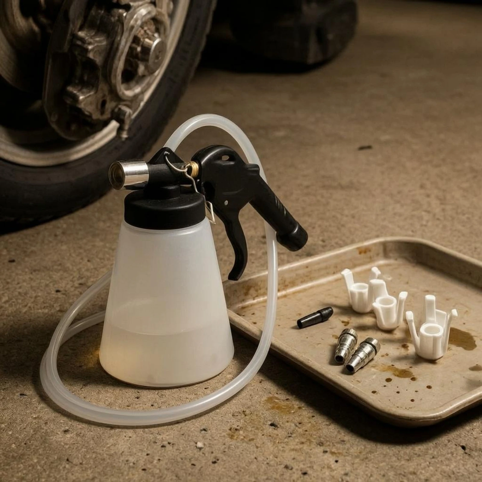 

Pneumatic Brake Bleeder Machine Transparent Tubing Two-Chamber-Tank Brake Bleeder Auto Repair Hook Attachments Long-Lasting