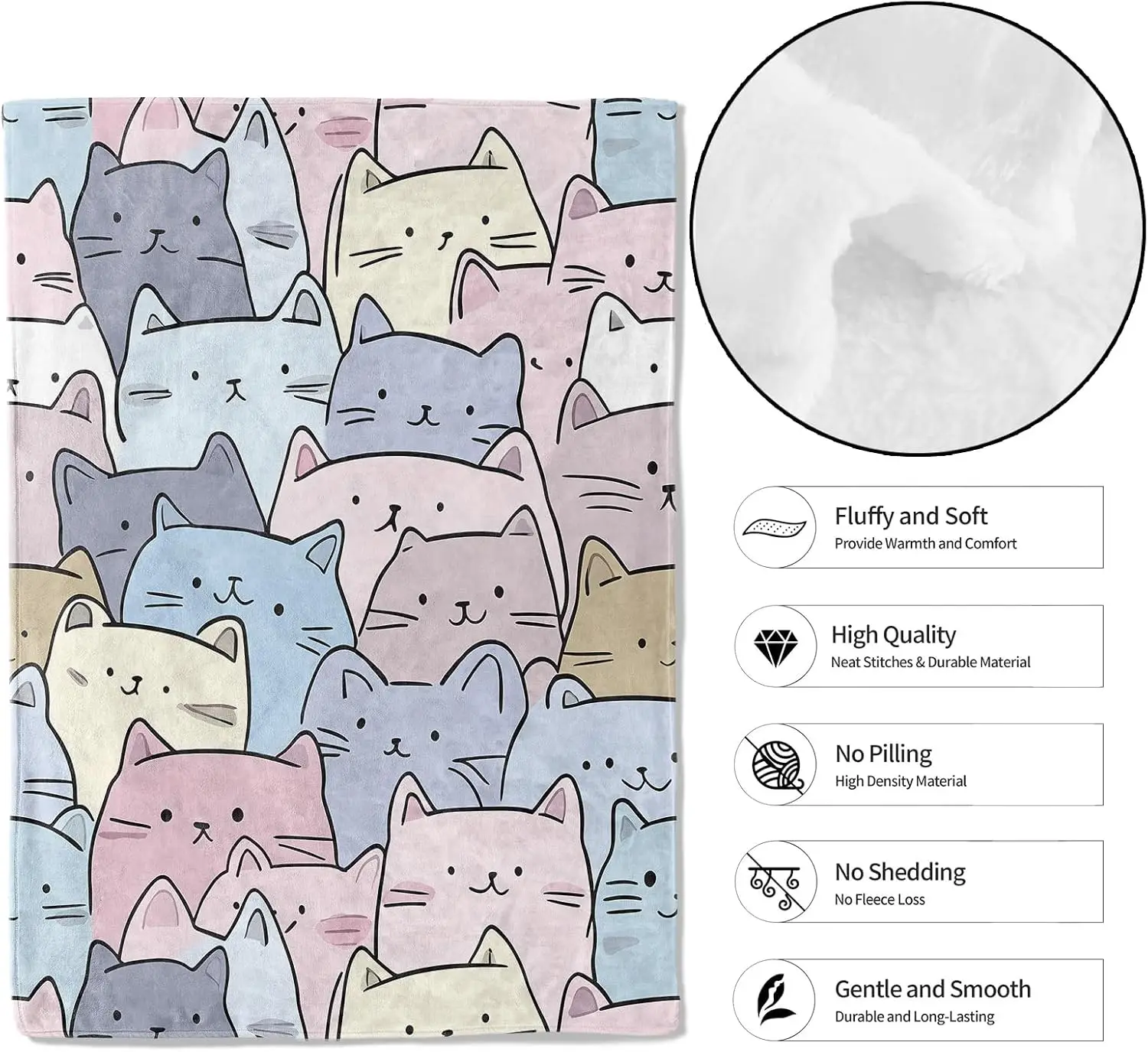 Hand Drawn Colorful Kitten Doodle Full Print Cozy Flannel Blanket Portable Travel Living Room Sweet Daily Household Use